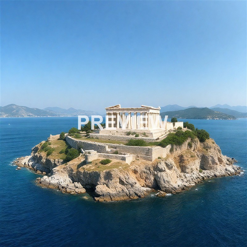 The image shows an ancient Greek-style temple with columns situated on a rocky island surrounded by blue water, with distant mountains in the background under a clear sky.